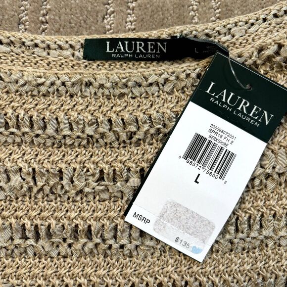 Ralph Lauren Linen Blend Sweater Beige Large Boatneck L/S Top Open Knit NWT - Picture 2 of 6